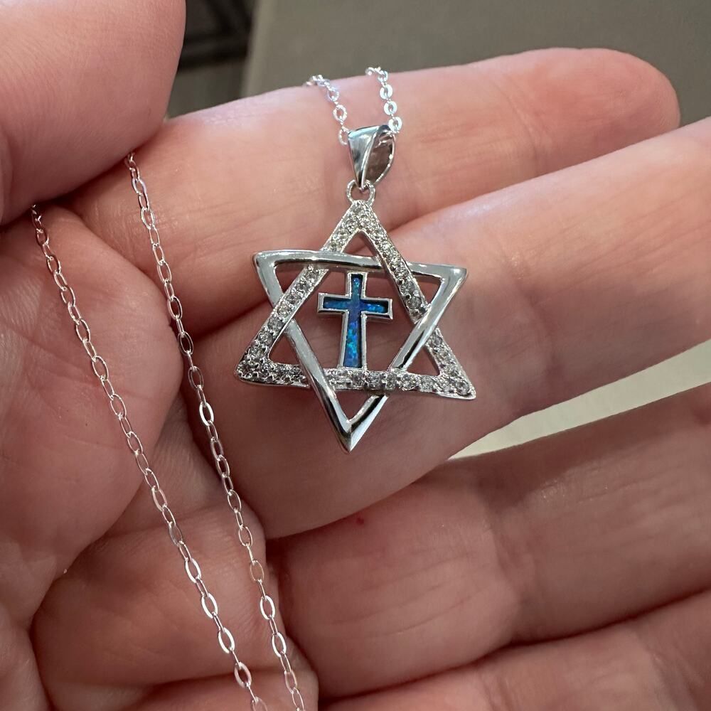 Star of David & Cross CZ Lab Opal Sterling Silver Necklace - Picture 4 of 5
